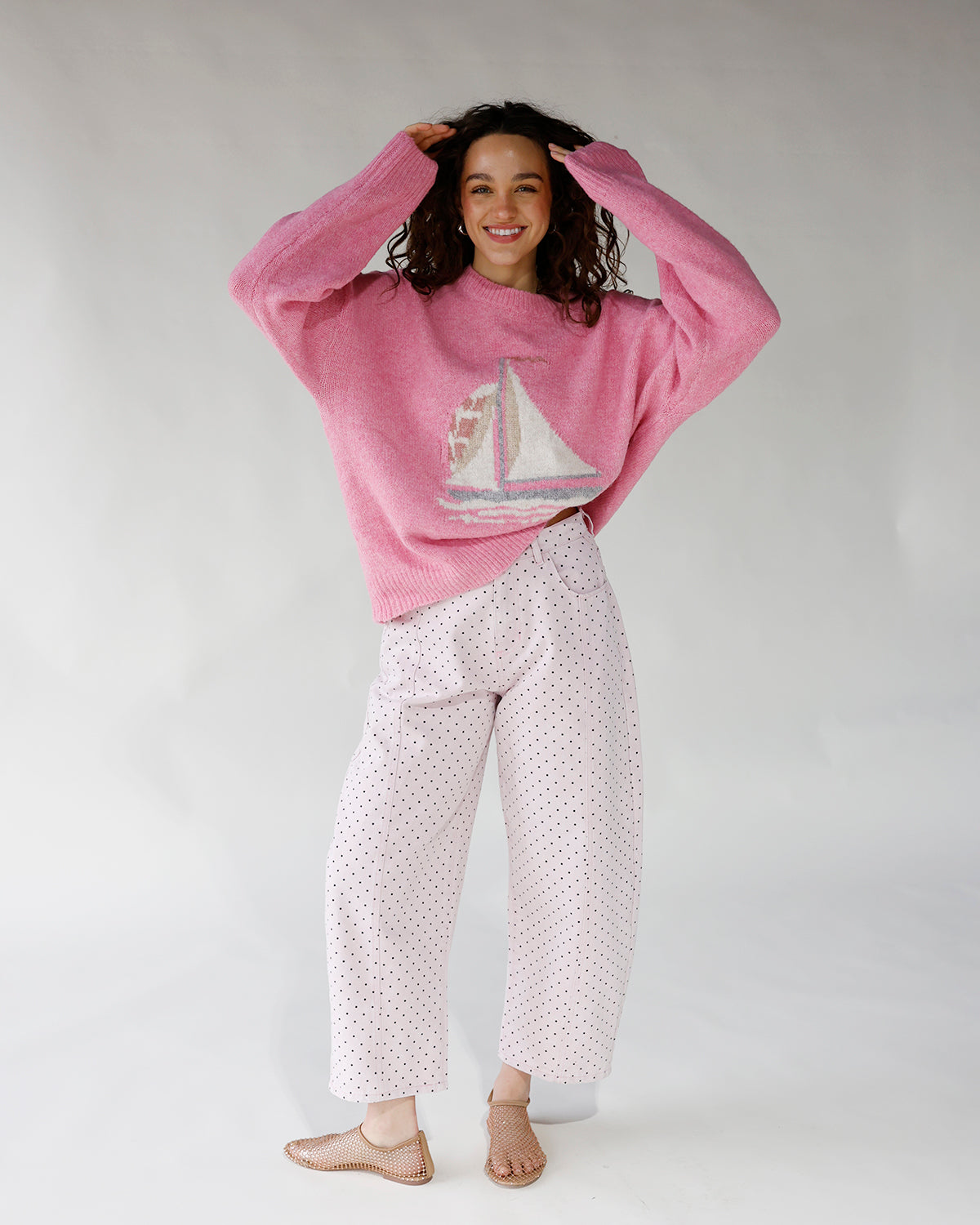 pink sweater with sailboat on front long sleeve pink graphic sweater