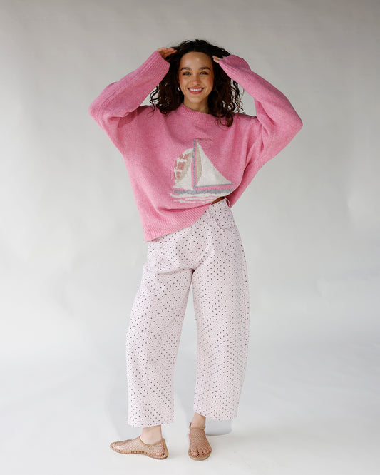 pink sweater with sailboat on front long sleeve pink graphic sweater