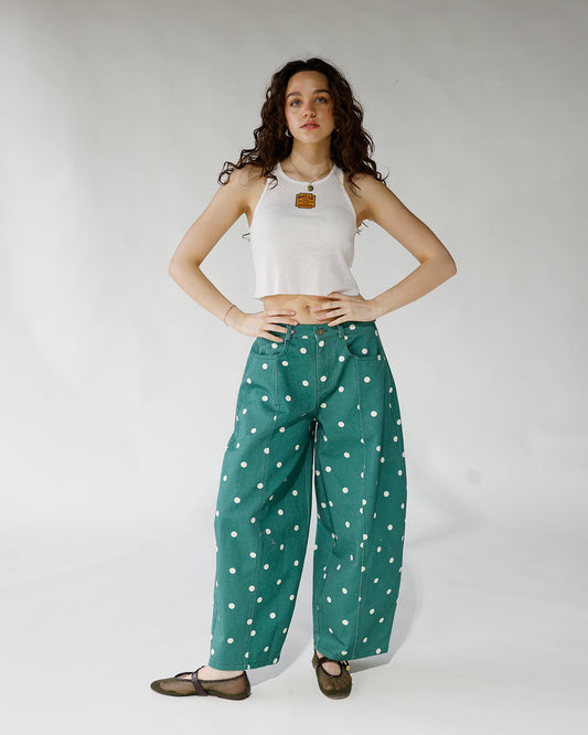 green polka dot print barrel jeans green with white polka dot women's barrel jeans