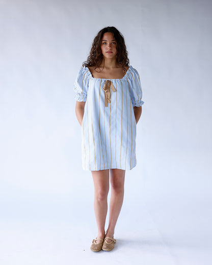 Blue striped square neck puff sleeve mini dress with tan ribbon tie