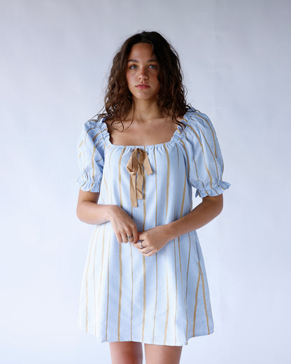 Blue striped square neck puff sleeve mini dress with tan tie detail