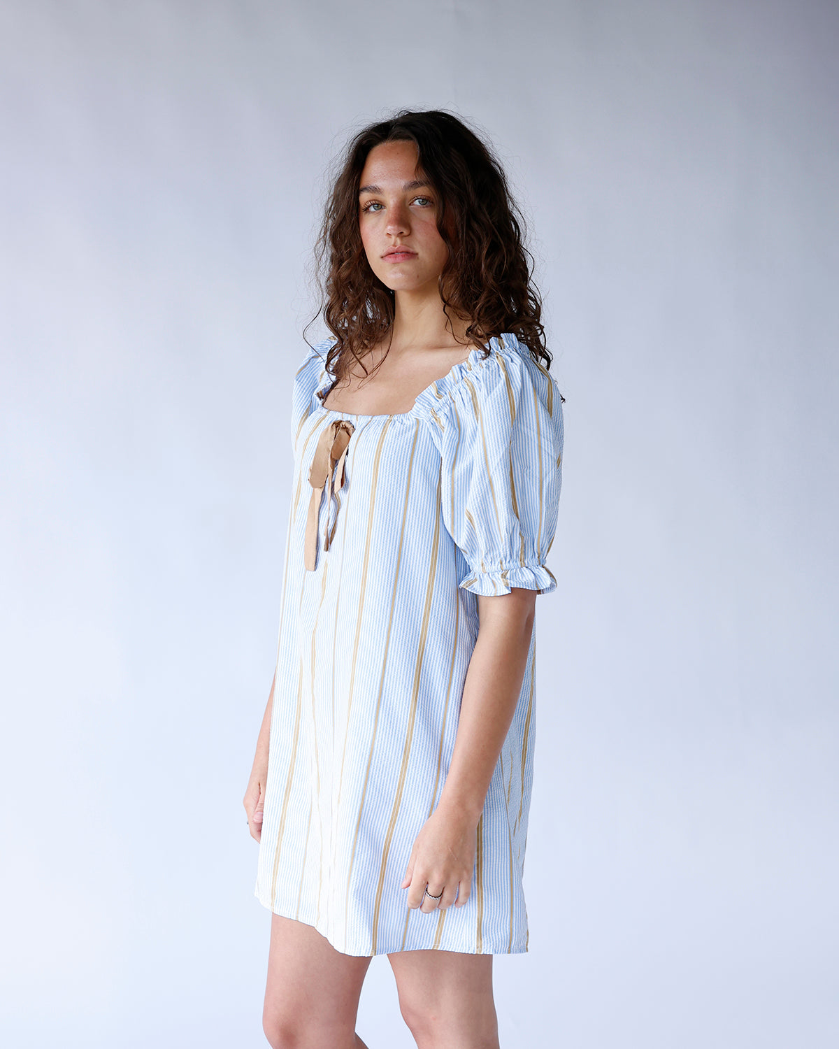 Striped square neck puff sleeve mini dress in blue, white, and tan