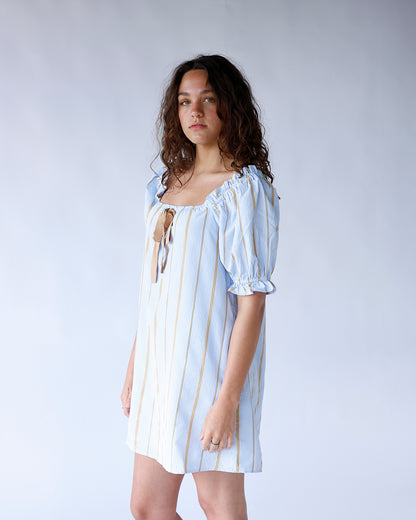 Striped square neck puff sleeve mini dress in blue, white, and tan