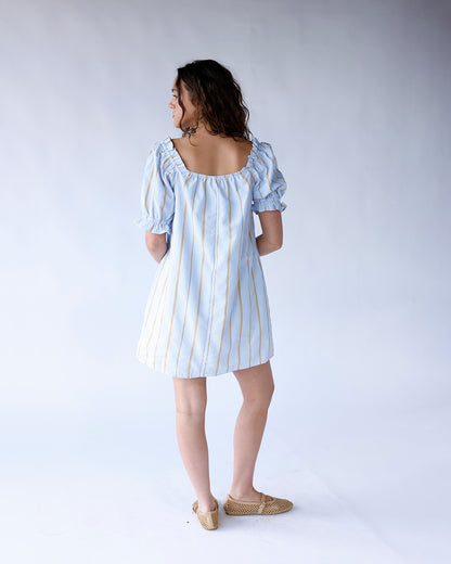Light blue striped puff sleeve square neck mini dress with gold accents