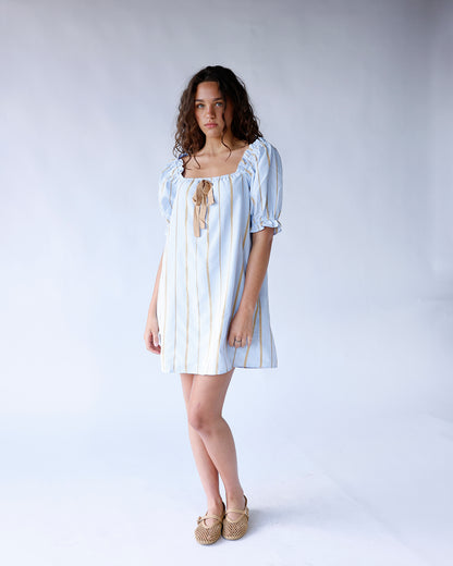Blue striped square neck puff sleeve mini dress with tan ribbon tie