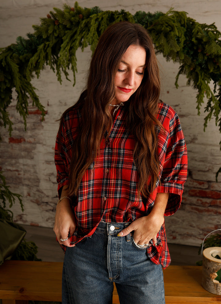 JOY OVERSIZED PLAID BUTTON DOWN TOP