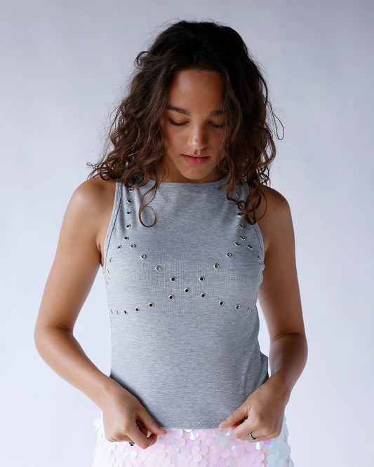 gray ribbed tank top with studded bra detailing on front