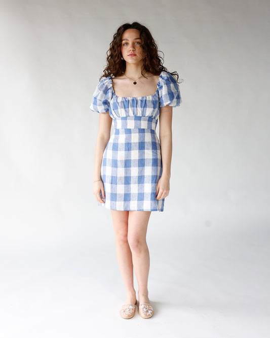 blue and white gingham print puff sleeve open back mini dress