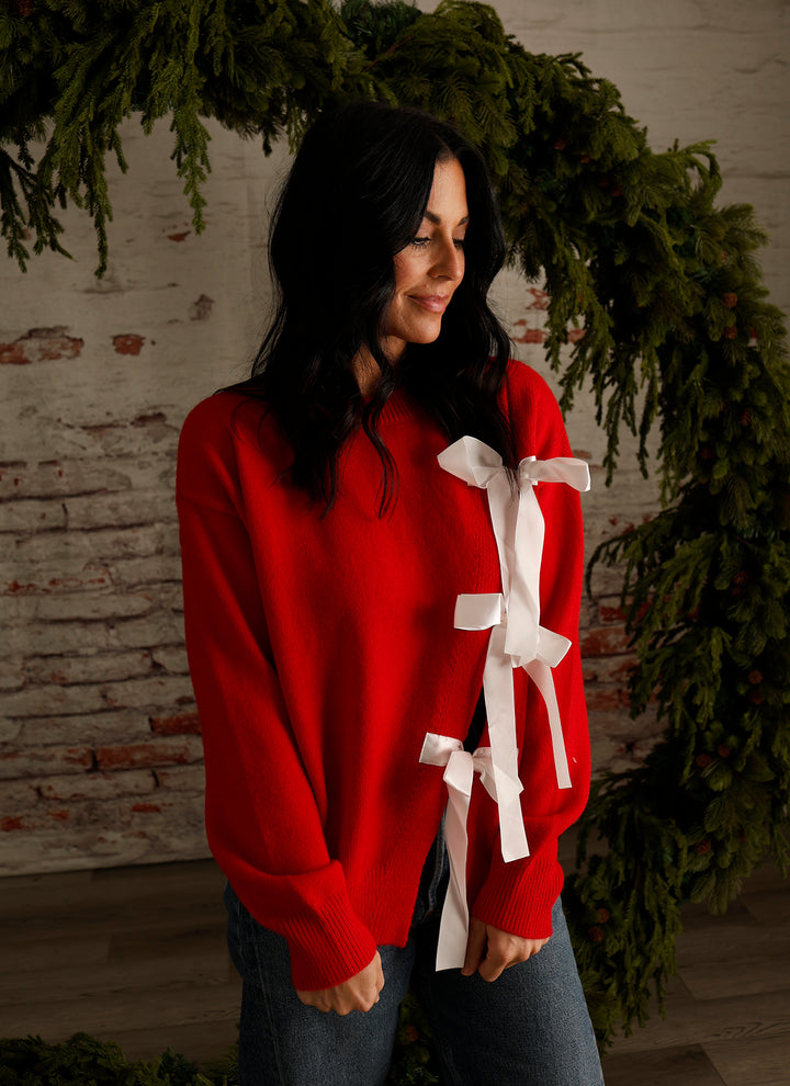 ROBYN RED OVERSIZED SWEATER WITH BOWS