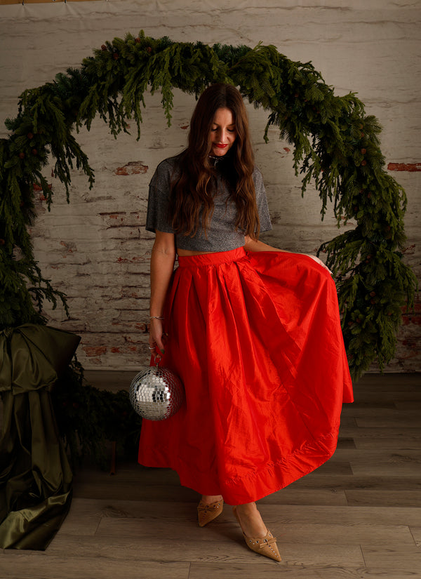 FREE PEOPLE EMILIA PLEATED A-LINE SKIRT X RED