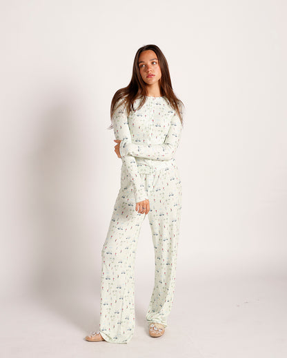 Light green printed pajama set with long sleeve top and wide-leg pants