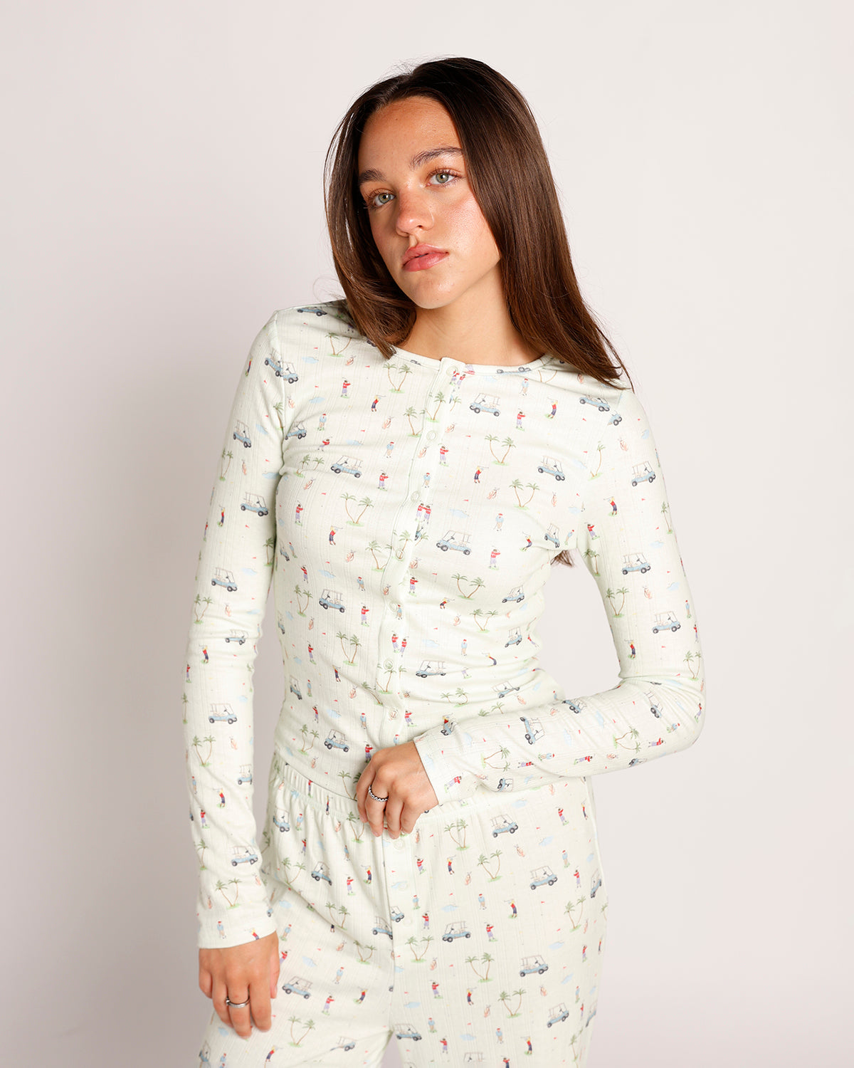 golf print long sleeve button front lounge top