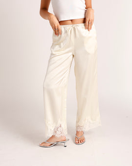 ivory satin pants with lace trim hem