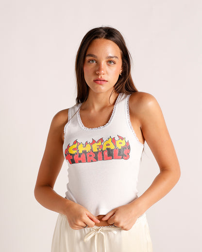White sleeveless tank top with flame graphic print reading Cheap Thrills, lace trim