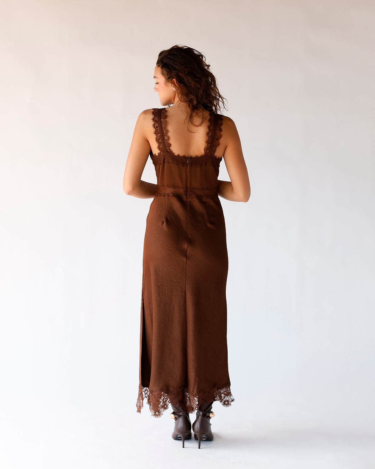 SATIN + LACE BROWN SLIP DRESS
