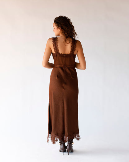 SATIN + LACE BROWN SLIP DRESS