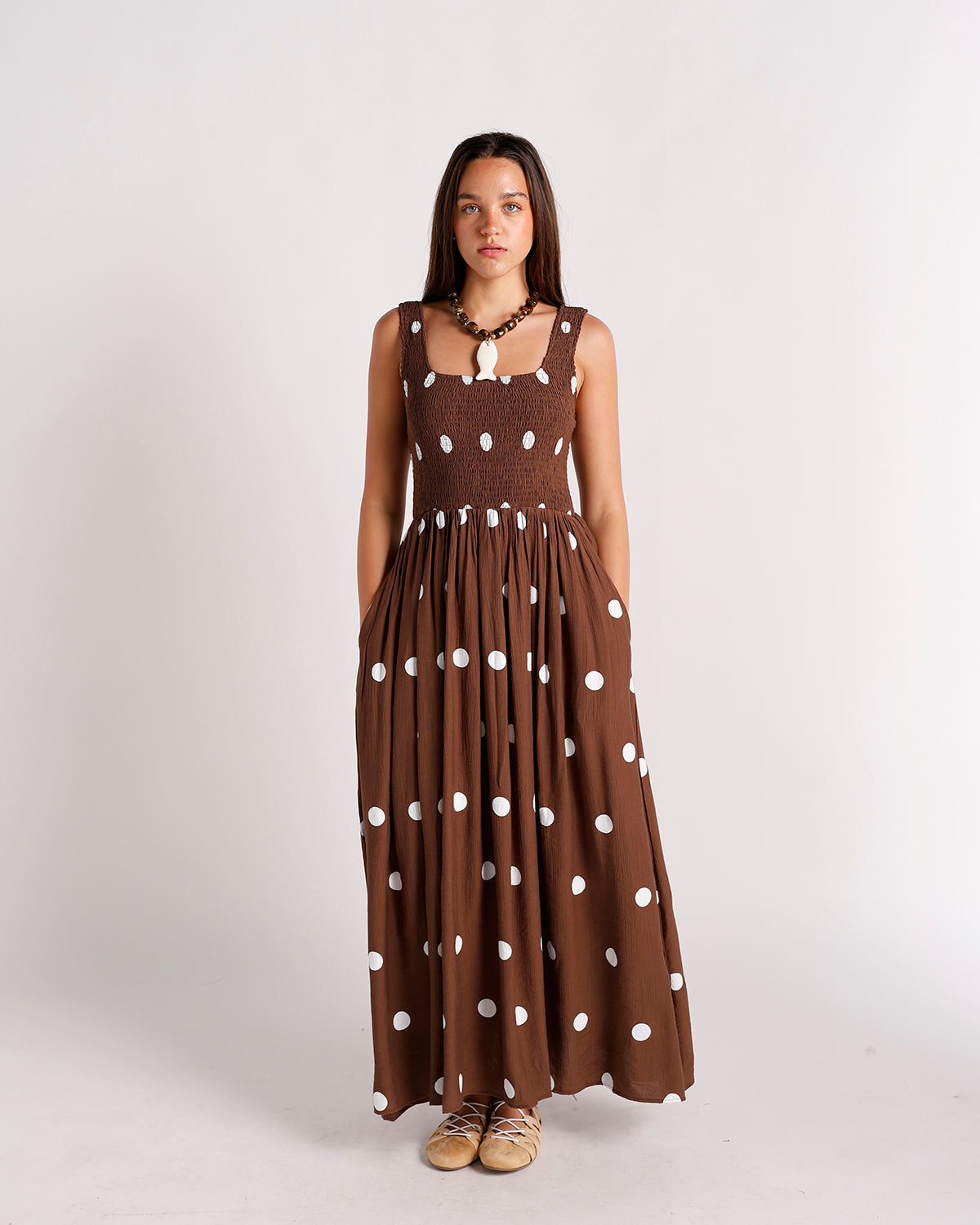 brown polka dot smocked upper maxi dress