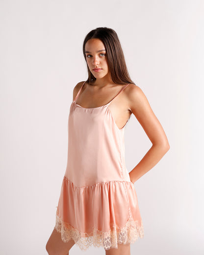 PINKY PEACH PETAL LACE MINI DRESS