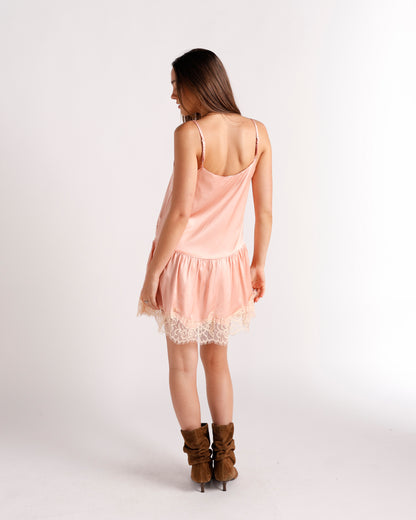 PINKY PEACH PETAL LACE MINI DRESS