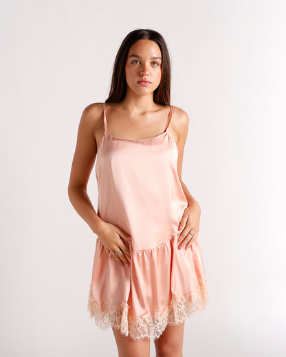 PINKY PEACH PETAL LACE MINI DRESS