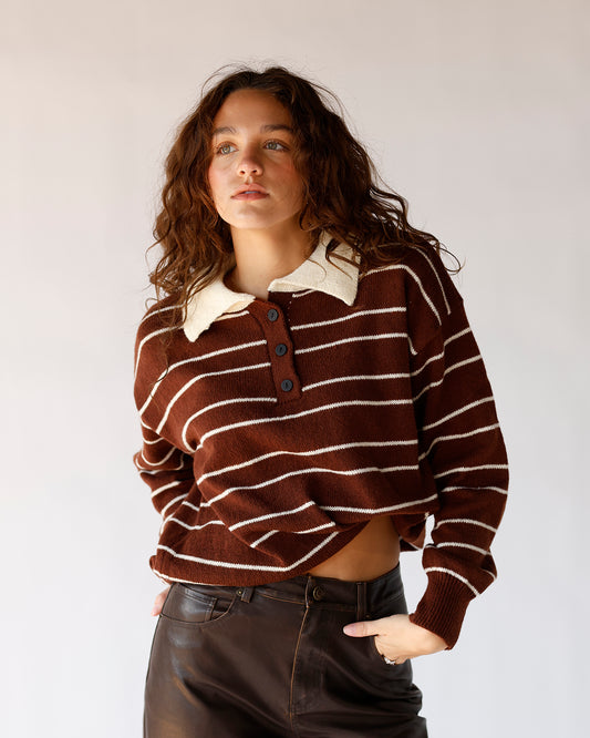 striped sweater soft fall sweater brown choclate fall staples rugby polo