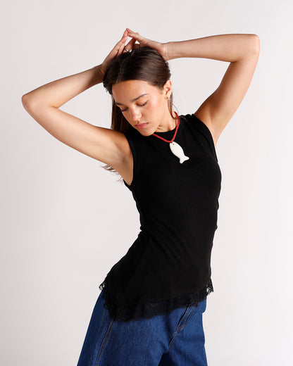 black sleeveless top with lace trim hem detailing