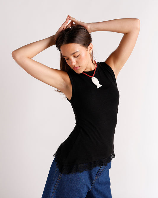 black sleeveless top with lace trim hem detailing