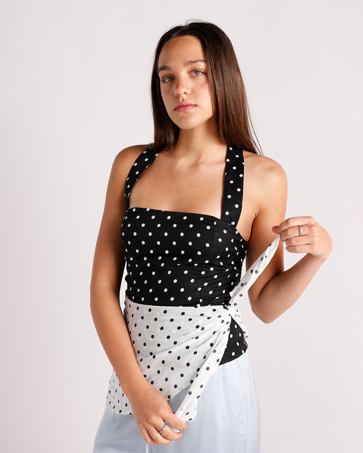Black and white polka dot halter top with contrast wrap tie detail