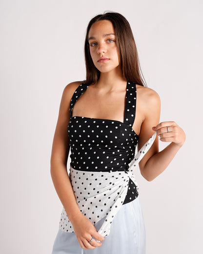 Black and white polka dot halter top with contrast wrap tie detail