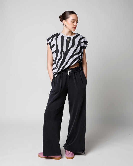 black fold over waist wide leg sweatpants