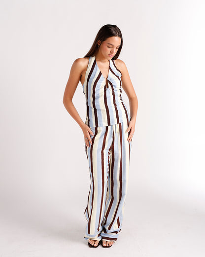 Wide-leg striped dressy pants in blue, cream, and brown vertical stripes