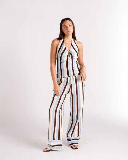Wide-leg striped dressy pants in cream, blue, and brown with drawstring waist