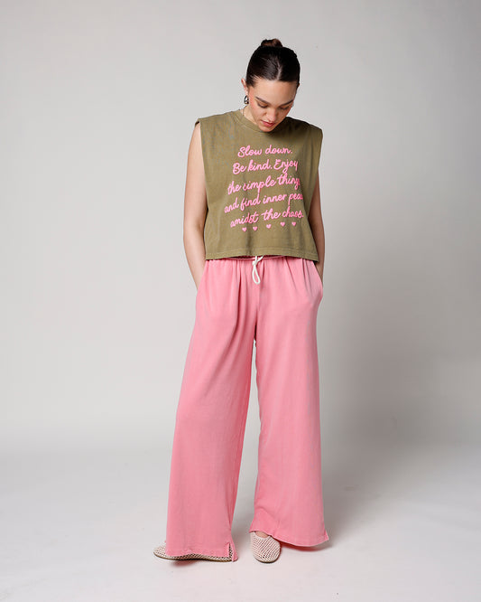 pink fold over waist wide leg sweatpants