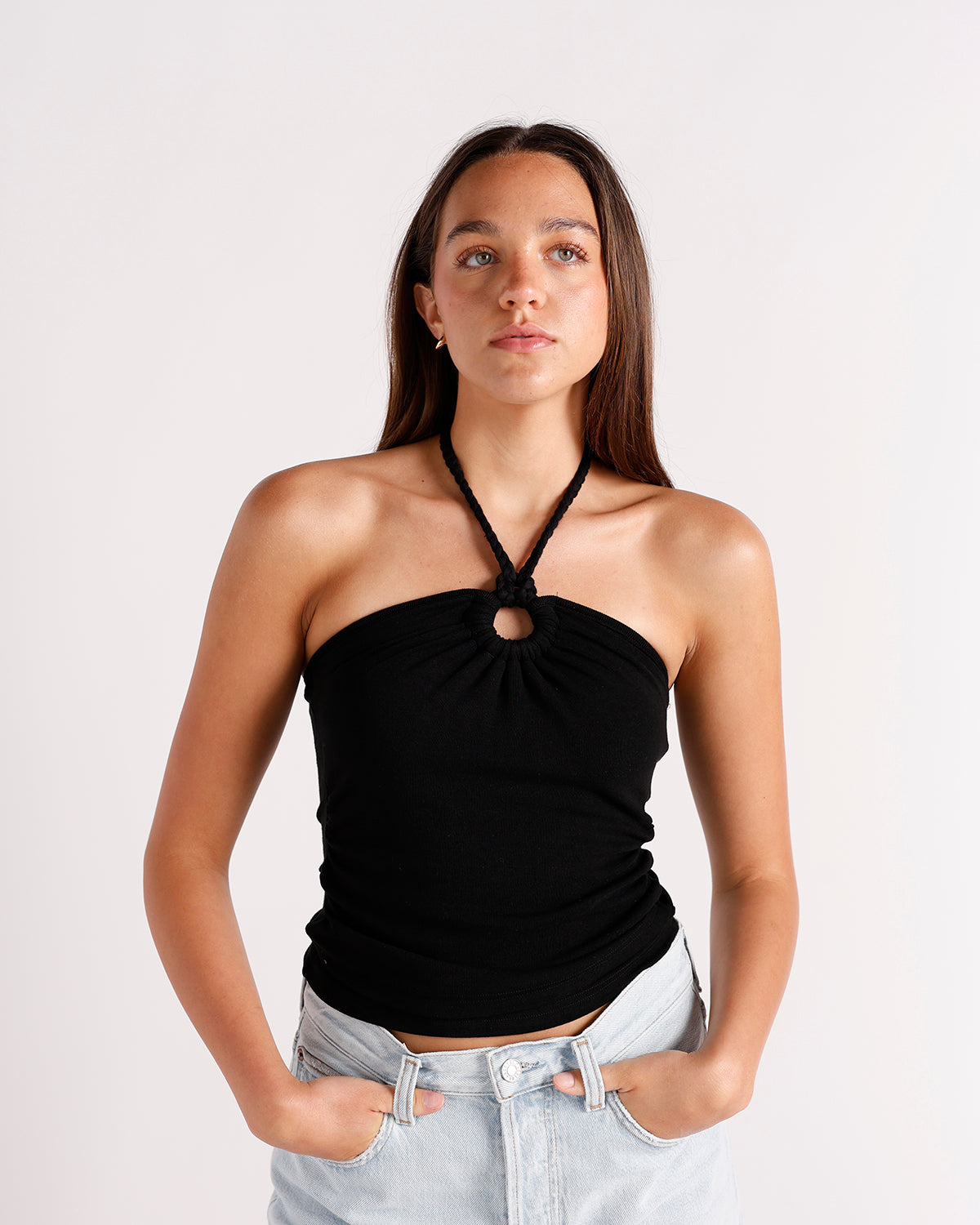 black halter top with rope strap and keyhole detailing