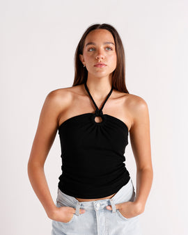 black halter top with rope strap and keyhole detailing