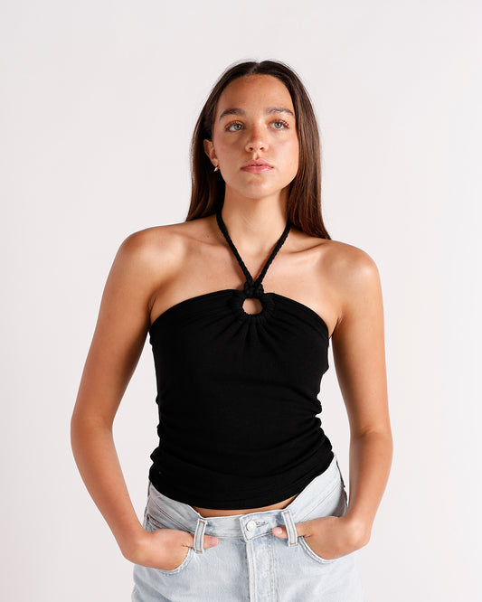 black halter top with rope strap and keyhole detailing