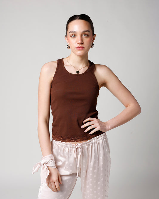 brown racerback tank top with lace hem detail womens tank top