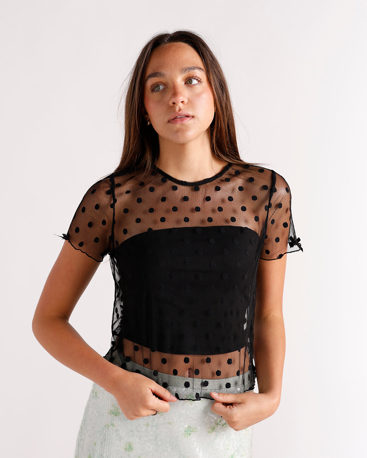 black sheer polka dot short sleeve top