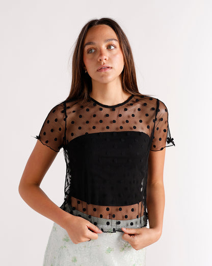 black sheer polka dot short sleeve top