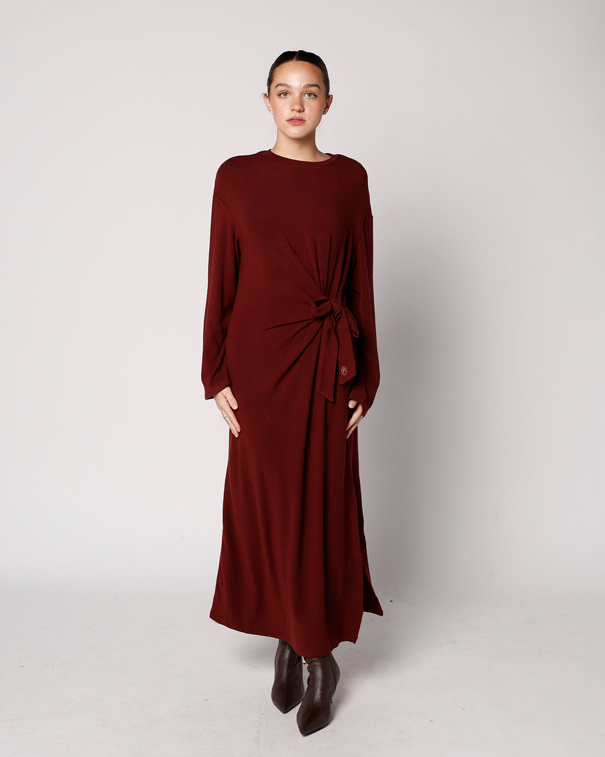 FRNCH Valeriane Long Sleeve Side Tie Dress in Bordeaux at Nordstrom, Size Medium FRNCH Valeriane Long Sleeve Side Tie Dress in Bordeaux at Nordstrom, Size Medium