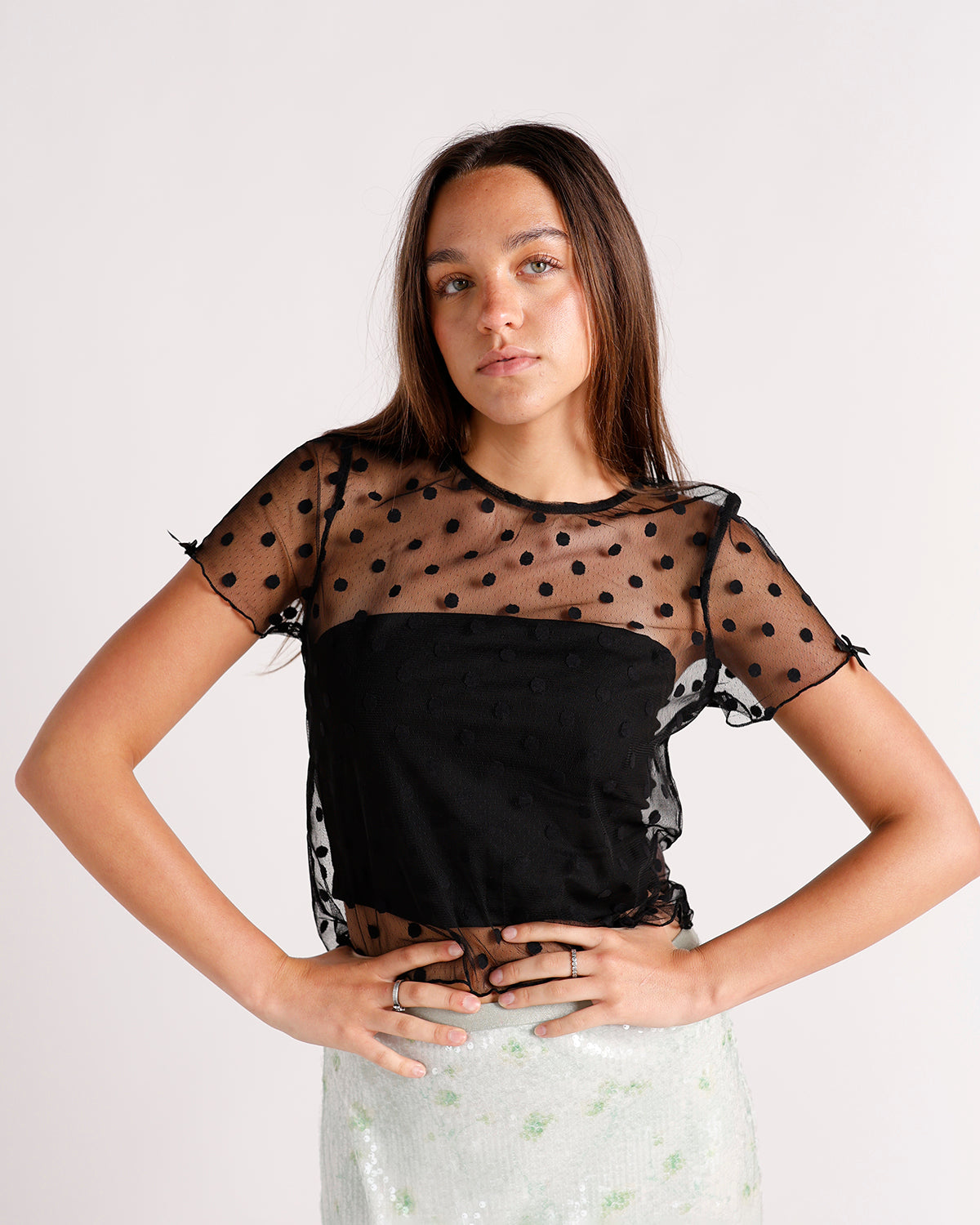 Black sheer polka dot mesh top with short sleeves and crew neckline