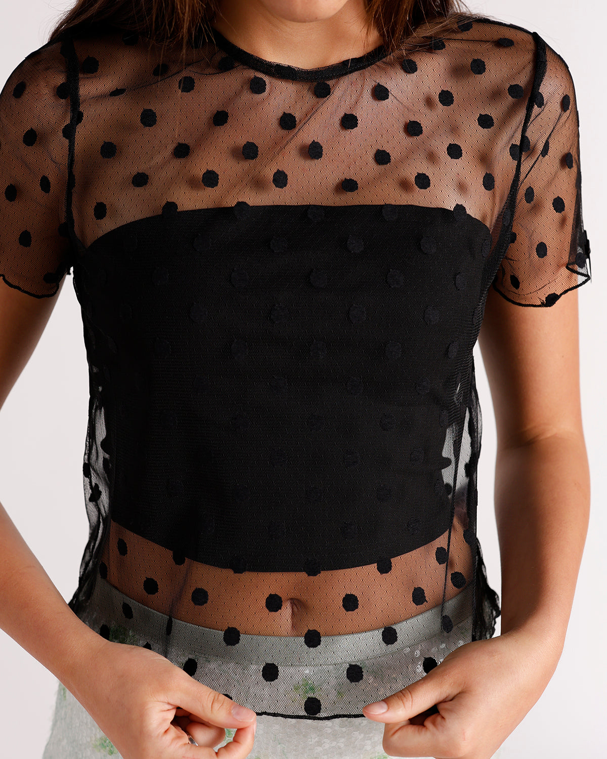 Black polka dot sheer mesh short sleeve crop top with opaque center panel