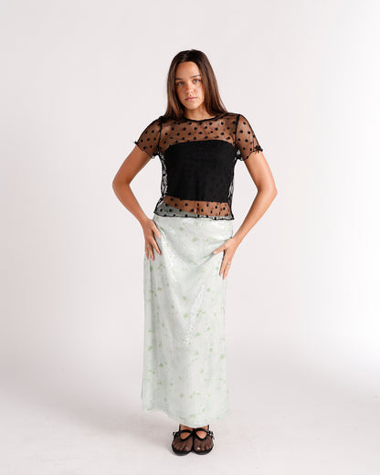 Black sheer polka dot mesh short sleeve crop top with bow trim details