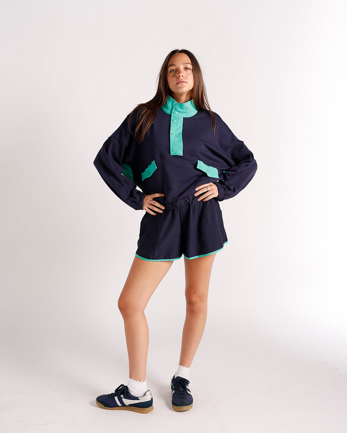 Navy blue and mint green oversized pullover sweatshirt with matching shorts