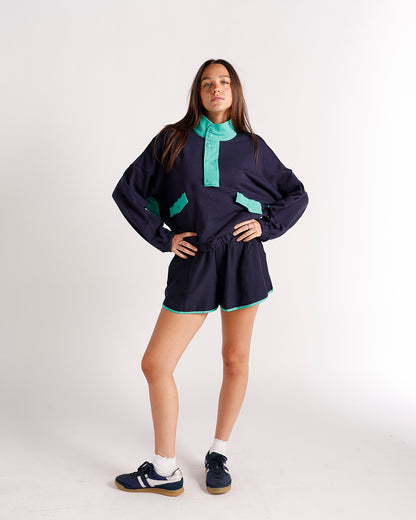 Navy blue and mint green oversized pullover sweatshirt with matching shorts