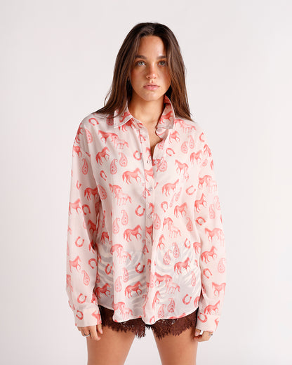 sheer white and red horse print long sleeve button up