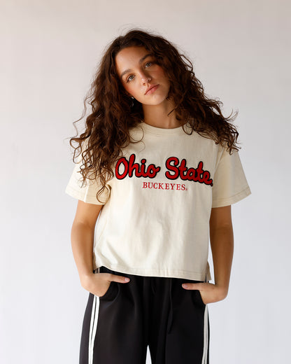 the ohio state script ohio cropped gameday tee