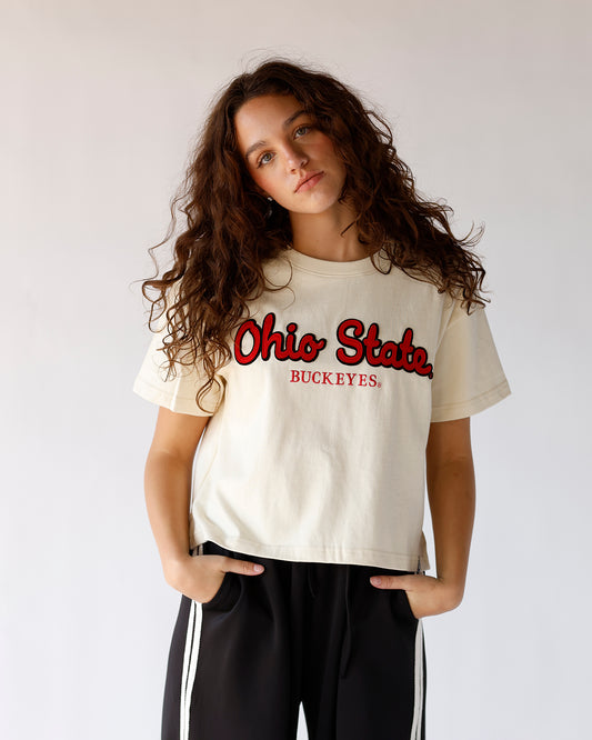the ohio state script ohio cropped gameday tee