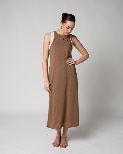 brown and white layered tank midi dress