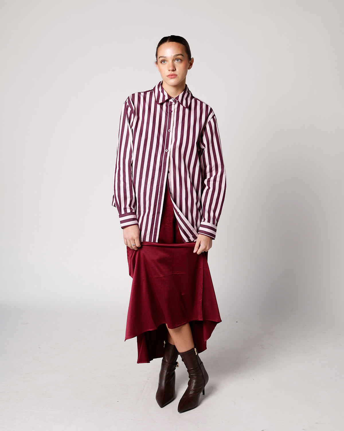 button up striped button up pink maroon button up holiday outfit insp 